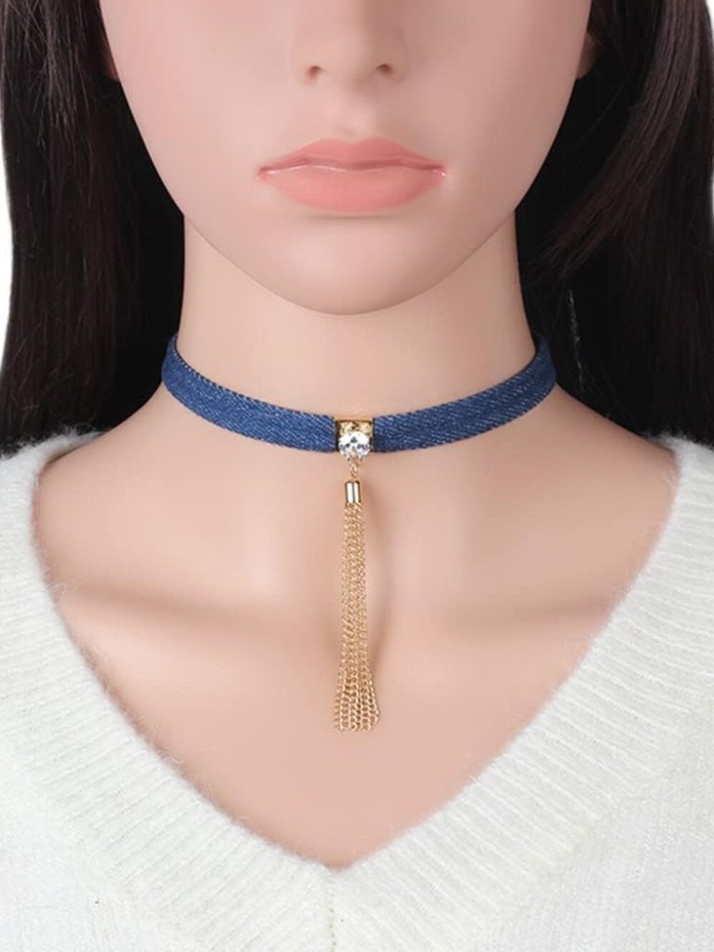 Cowgirl Blue Denim Choker Necklace with Tassel‎ Bling  Summer Beach Party Prom